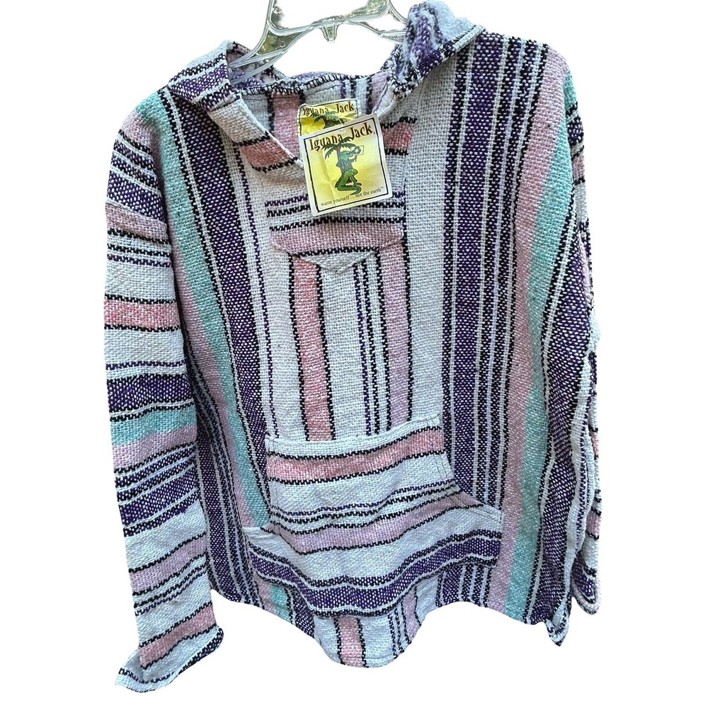 Iguana Jack Womens Purple Pink Teal Striped Baja Hoodie Jerga Pullover Large NWT